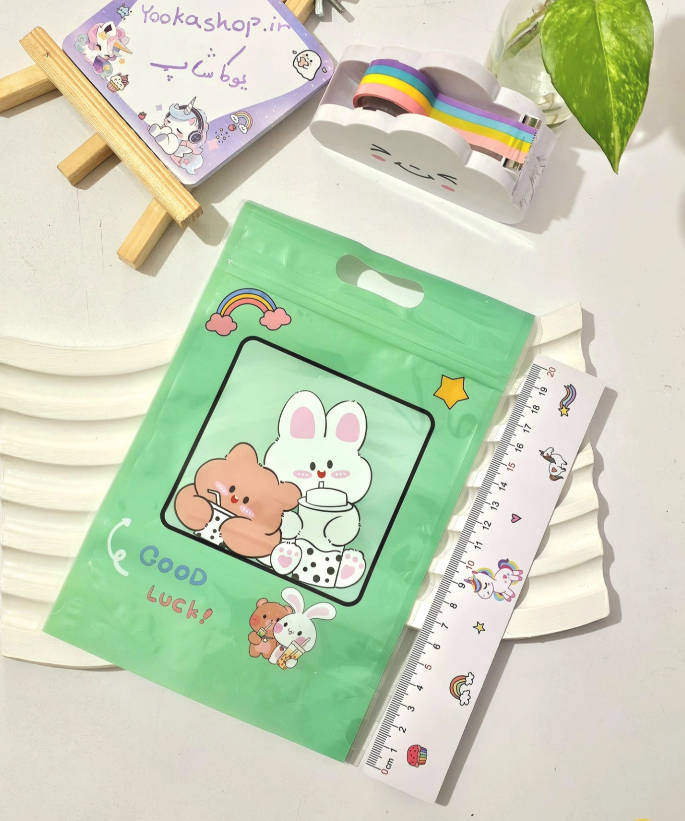 زیپ کیپ فانتزی good luck طرح خرگوش و خرس ، سبز